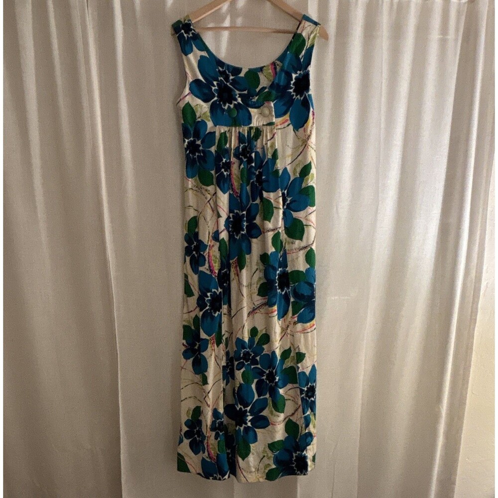 Royal Hawaiian Women’s Small Barkcloth White/Blue Floral A-Line Dress Pockets